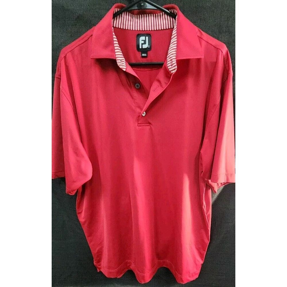 Solid Lisle Self Collar FJ Footjoy Red Polo Short Sleeve EUC Sz Large Mens